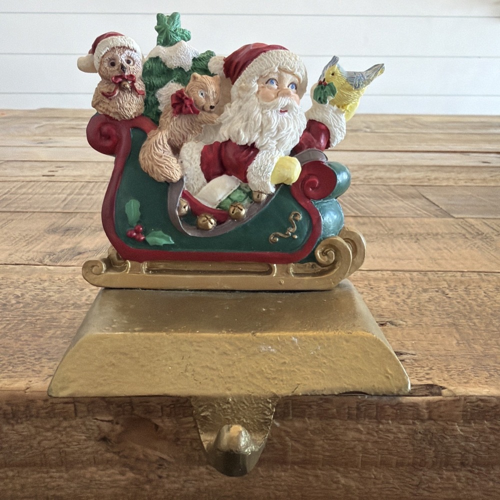 Cast Iron Base Santa On Sleigh With Birds Christmas Stocking Holder Vintage